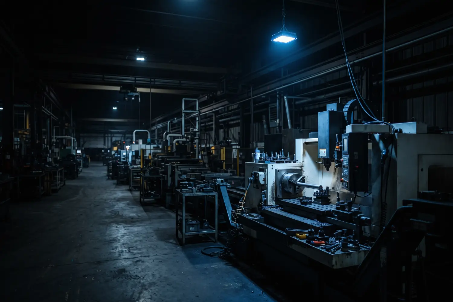 A manufacturing production line under cool blue light